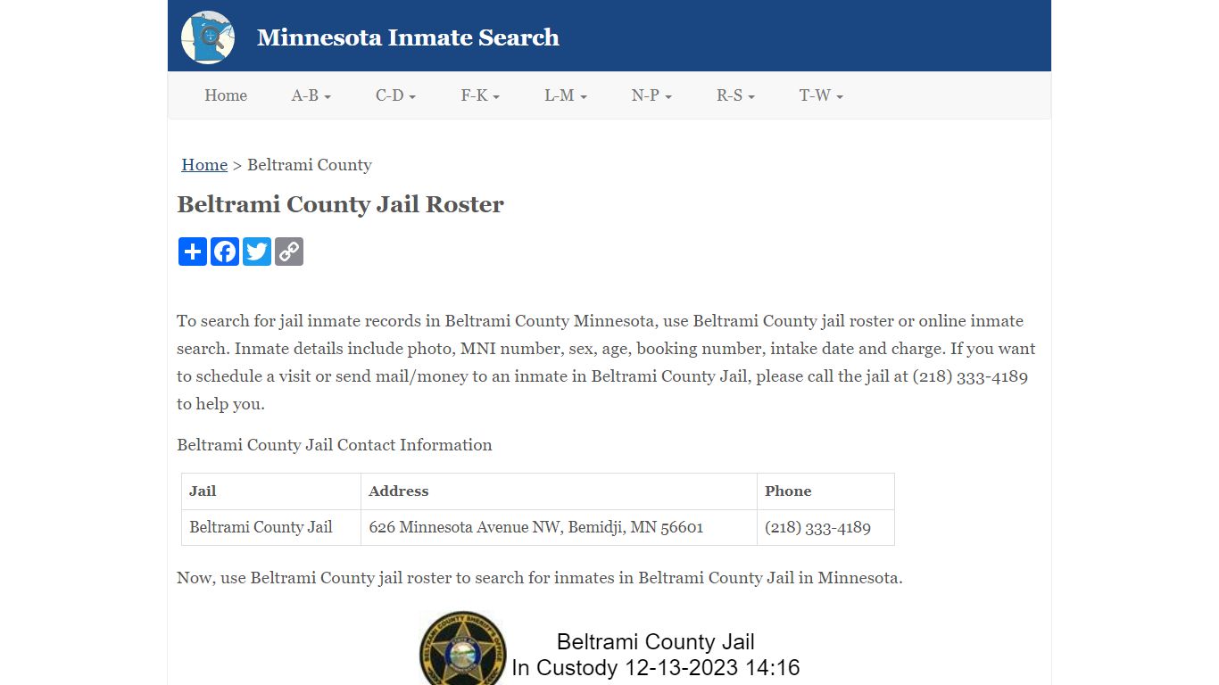 Beltrami County Jail Roster - Minnesota Inmate Search